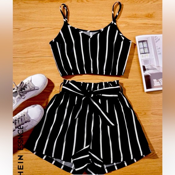 Essence Striped Cropped Top Cami & Belted Paperbag Shorts Set - Picture 1 of 4